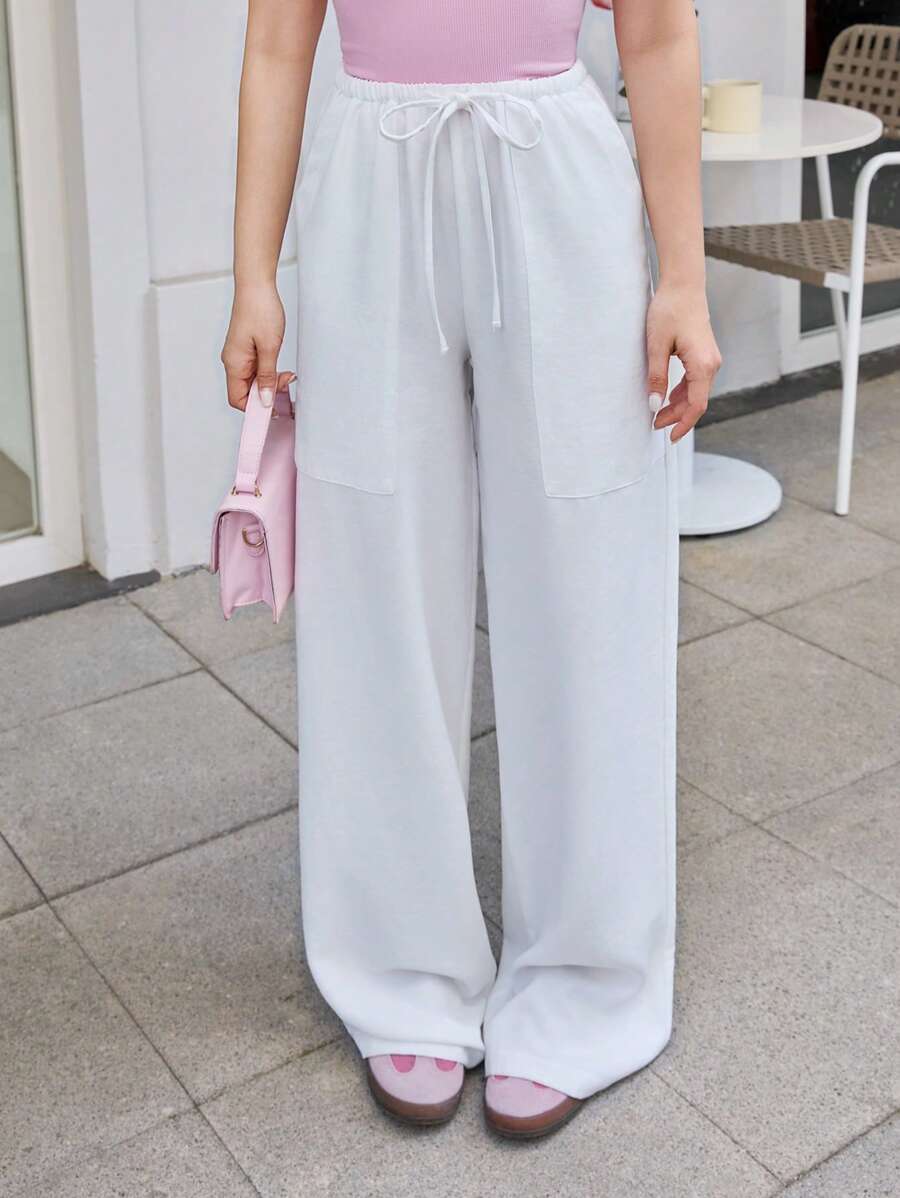 RueChic 女式抽绳口袋时尚直筒休闲街头梭织长裤 - 白色 - 查看 1