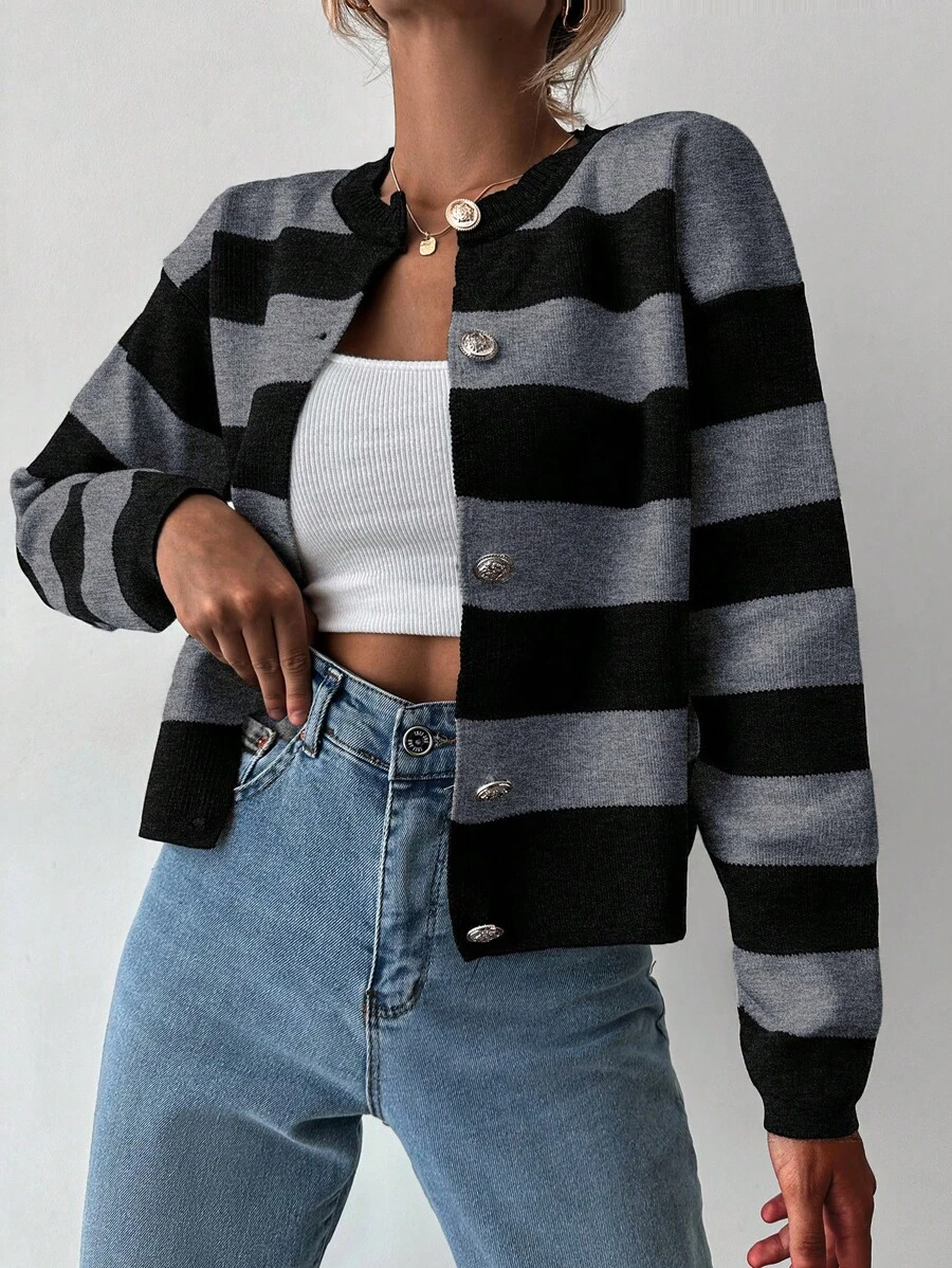 EURMUSE Women Casual Colorblock Striped Cardigan, Autumn/Winter - Light Grey - View 1