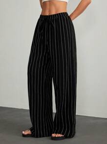 SHEIN PETITE 女士休闲通勤条纹阔腿裤 - 黑色 - 查看 4