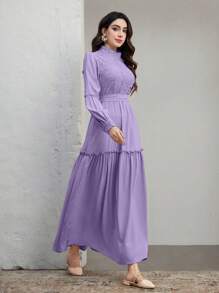 Graceveil Women's Solid Color Lace Splicing Stand Collar Long Sleeve Elegant Dress