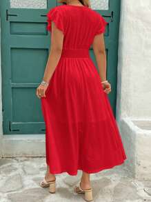 SHEIN Clasi Plus Size Women Spring/Summer Dress, White Knitted Jacquard Elastic Lace Patchwork Collar & Waist A-Line Cap Sleeve Dress,Summer Dresses For Women,Flowy Dress - Red - View 2