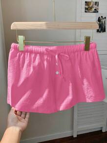 SHEIN EZwear Women's Solid Color Front Tie Simplistic Pleated Casual Shorts - Pink - View 6