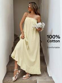 SHEIN LUNE Frill Trimmed Collar, Frill Trim A-Line Babydoll Dress, Double Layered Crepe Fabric, Casual Holiday Elegant Dress For Women, Light Yellow - Light Yellow - View 4