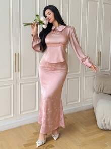 DAZY 2pcs/Set Women's Mixed Fabric Patchwork Cinched Waist Puff Sleeve Fishtail Hem Bodycon Elegant Party Skirt Set Lounge Sets For Women - Pink - View 4