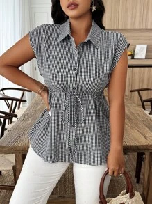 Weeklong Camisa casual xadrez plus size sem mangas, verão - Preto e Branco - Ver 1