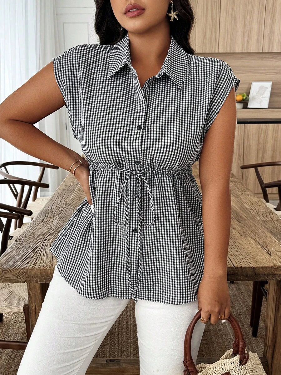 Weeklong Camisa casual xadrez plus size sem mangas, verão - Preto e Branco - Ver 1