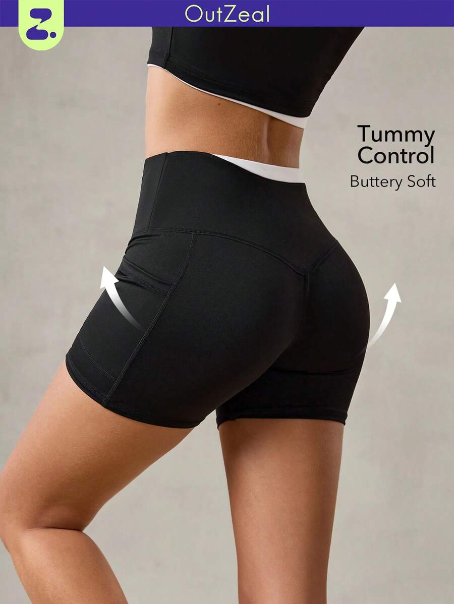 OutZeal 女式收腹吸汗排汗侧袋撞色运动骑行短裤健身房骑行普拉提