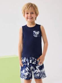 SHEIN Young Boy Tropical Print Patched Pocket Tank Top & Shorts - Navy Blue - View 2