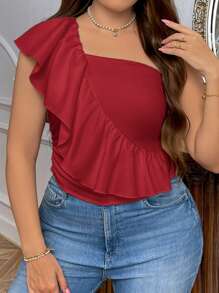 SHEIN Privé Top de tubo con volantes elegante para talla grande de mujer para resort - Rojo - Ver 3