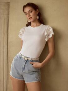 MOTF PREMIUM CONTRAST EMBROIDERY MESH LAYERED FLUTTER SLEEVE SOLID T-SHIRT