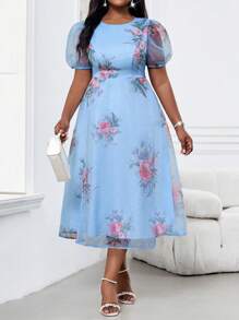 SHEIN Lady 春夏优雅通勤办公室波西米亚风彩色编织雪纺深 V 领舞会礼服喇叭飘逸主教袖长袖加大码连衣裙 - 彩色 - 查看 1