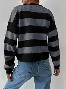 EURMUSE Women Casual Colorblock Striped Cardigan, Autumn/Winter - Light Grey - View 2