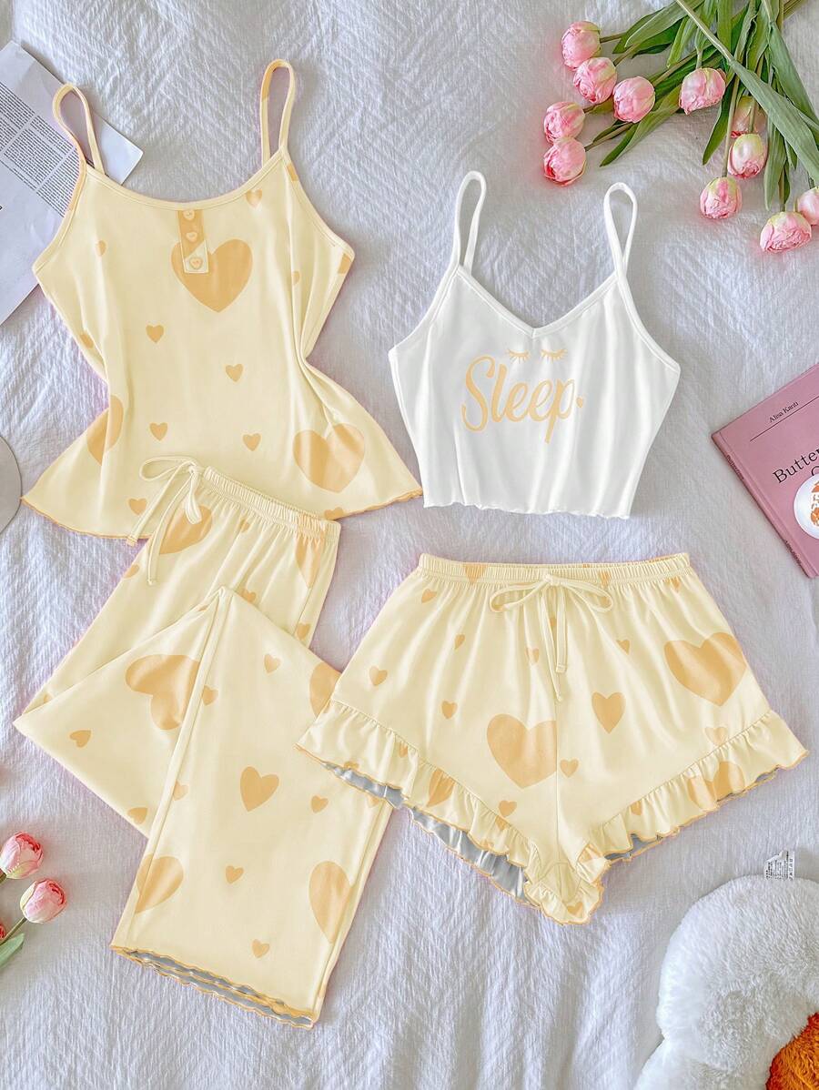 SHEIN 4 件套女士睡衣套装，带有可爱的心形印花，包括吊带背心和短裤 - 黃色 - 查看 1