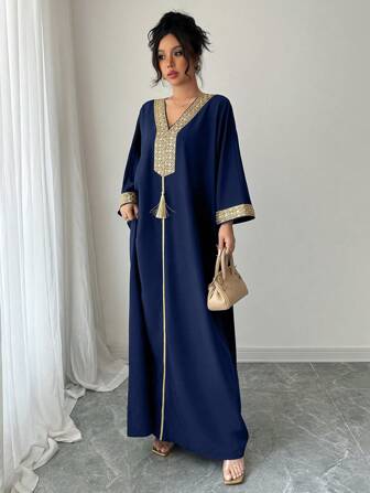 Rafferiza 女士中东风格金色丝带花卉装饰流苏吊坠长裙