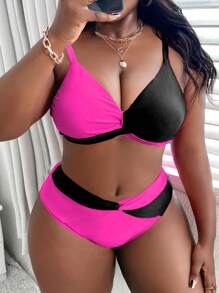 Slaydiva Plus Size Colorblock Splicing Tankini Swimwear Set For Summer Beach Vacation - Black - View 3