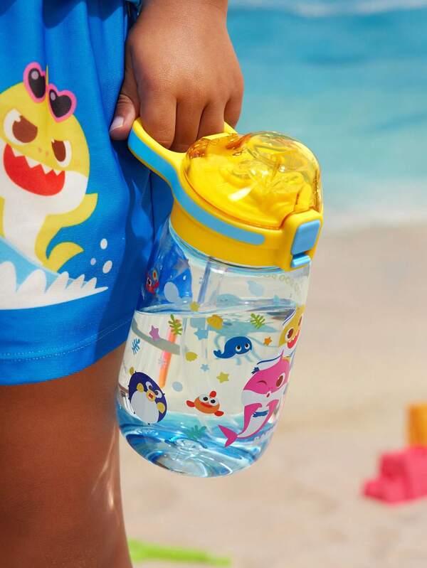 BABY SHARK X SHEIN 16oz / 500ml Tritan Material Wasserflasche, mit Silikonstrohhalm und Klappsauger-Verschluss, auslaufsicheres Design, geeignet für Schule und Reisen, für Personen ab 4 Jahren geeignet