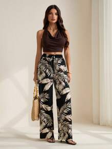 SHEIN Tall 女士热带植物印花抽绳腰休闲阔腿裤 - 黑色 - 查看 6