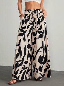 SHEIN PETITE 女款度假植物印花束带阔腿裤 - 黑色 - 查看 6