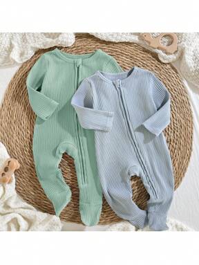 Loomiva 2pcs Newborn Baby Boy/Girl Solid Color Soft Knitted Crew Neck Long Sleeve Jumpsuit With Footcover Baby Knit Jumpsuit Baby Casual Zipper Romper Neutral Baby Clothes Unisex