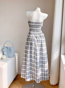 Comfortcana Women's Plaid Print Bowknot Decorated Dress - Blue - View 2