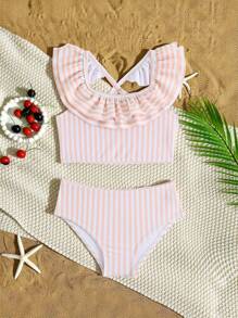 Bikini a maglia a righe e blocchi di colore per ragazze giovani, costume da bagno a due pezzi con parte superiore con volant, alla moda ed elegante per nuotare, vacanza, estate