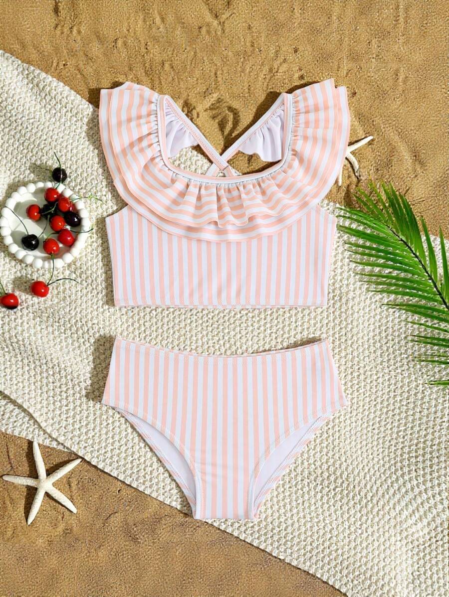Bikini a maglia a righe e blocchi di colore per ragazze giovani, costume da bagno a due pezzi con parte superiore con volant, alla moda ed elegante per nuotare, vacanza, estate