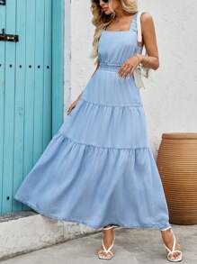 Women's Fashion Front-Open Elegant Solid Color Waisted Long Dress - Light Wash - View 7