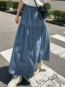 FRIFUL Women's Elastic Waist Embroidered Pleated Skirt, Casual Versatile Airport Travel Holiday Outfit