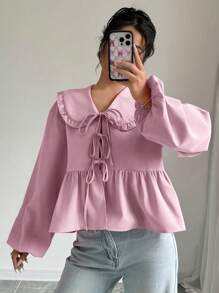 SHEIN Unity 个性领口灯笼袖前部打结荷叶边衬衫，适合夏季女士衬衫 - 粉色 - 查看 4