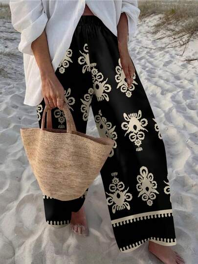 Travachic Vacation Style Black & White Geometric Printed Pants For Women, Suitable For Summer Beach, Vacation, Vintage Boho Vibe, Sexy, Cute, Y2K Coconutgirl, Music Festival,Bohemian Clothes Fall Clothes Winter Clothes