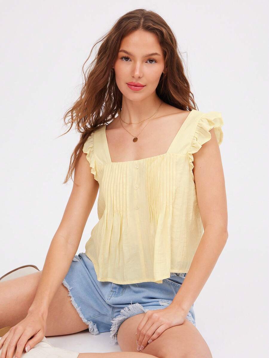WESTFADE Pale Yellow,Summer,Elegant,Brunch Butter Yellow Textured Woven Square Neck Pintuck Pleated Button Front Ruffle Flutter Sleeve Relaxed Fit Boho Top - Apricot - View 1