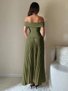 SHEIN ICON Váy dạ hội 1 mảnh trễ vai màu trơn xếp ly thanh lịch - xanh quân đội - Xem 4