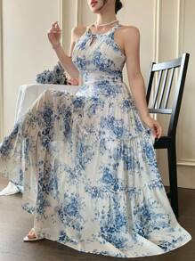 DAZY 优雅无袖圆领荷叶边中长连衣裙，女士夏季度假装扮 - 藍色 - 查看 7