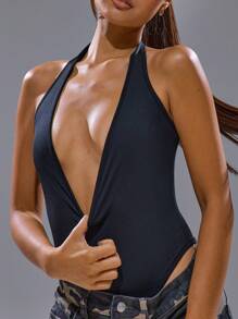 MUSERA Halter Neck Plunge Thong Bodysuit Spring, Summer, Streetwear, Y2k, Cool Girl,City Muse