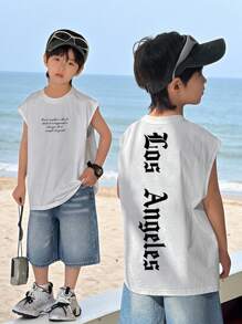 SHEIN Tween Boy Oversized Letter Graphic Sleeveless Loose Knit Tank Top, Suitable For Beach, Sport, Vacation, School - White - View 8