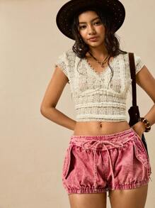 Easelle Women's Self-Tie Waist Casual Versatile Denim Shorts - Pink - View 5