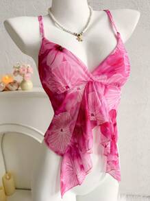 Sweetina Women's Pink Floral Print Ruffle Hem V-Neck Vacation Casual Cami Top - Multicolor - View 4