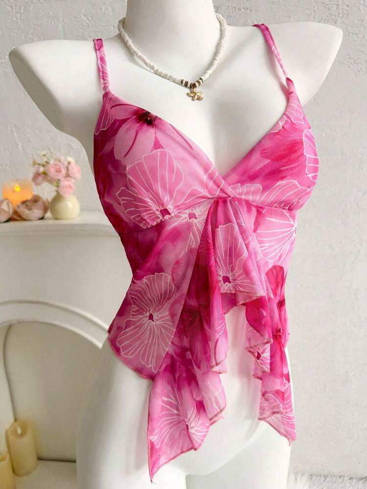 Sweetina Top informal de tirantes con escote en V, dobladillo con volantes y estampado floral rosa para vacaciones' - Multicolor - Añade 4