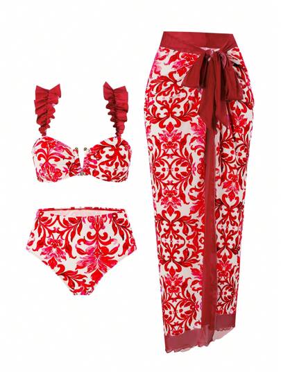 Swim Oasis Set de 3 piezas de bikini y atuendo de playa para mujer con diseño floral y acabado en metal, decoración con estampado azul y blanco de vacaciones de verano
