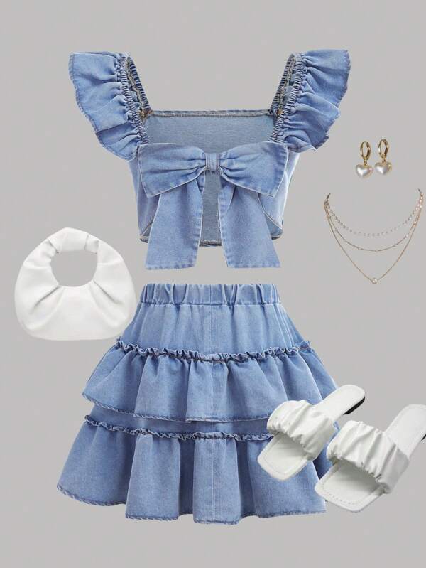 Girlism Tween-Mädchen Off-Shoulder 2-teiliges Set aus blauem Denim-Rüschenoberteil und mehrlagigem, kurzem Cake-Rock