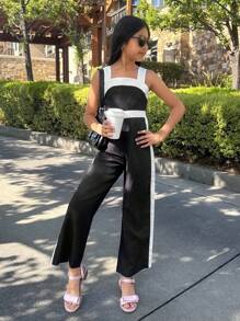 Tween Girls' Black & White Contrast Design Jump Suit, Casual Commuting Fashion Daily Versatile - Black - View 3