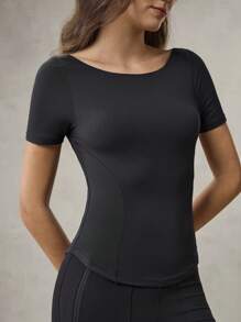 OutZeal 女士运动T恤 健身房锻炼上衣 收腹速干船领修身短袖运动上衣 - 黑色 - 查看 8