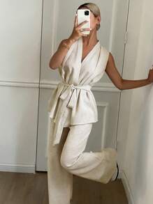 DAZY 2pcs Women Sets: Solid V-Neck Belted Tank Top And Wide Leg Pants - Beige - View 1