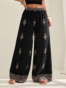 SHEIN PETITE Women's Print Wide Leg Boho Pants For Summer