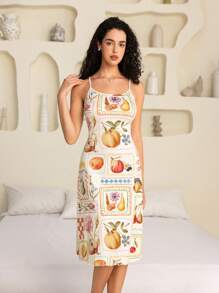 SHEIN Touch of Art 女士水果图案休闲夏季吊带睡袍 - 杏色 - 查看 3