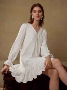 MOTF PREMIUM VESTIDO CON BAJO VOLANTE BORDADO EN LINO - Beis - Ver 1