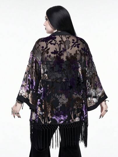 Goth Plus Size Women Gradient Floral Glitter Velvet Texture Asymmetrical Tassel Hem Blouse, Suitable For Multiple Occasions, Party