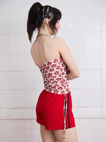 COUREZ Bandeau Top With Ruched Sides In Flower Print /Summer Cute Tops Cute Summer Tops Y2K Summer Floral Tops Vintage - Red and White - View 3