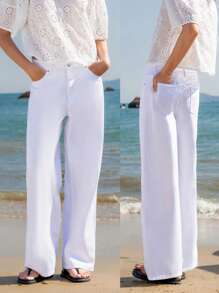 Lumivelle 女士休闲中腰直筒牛仔裤，带口袋，百搭 - 白色 - 查看 1