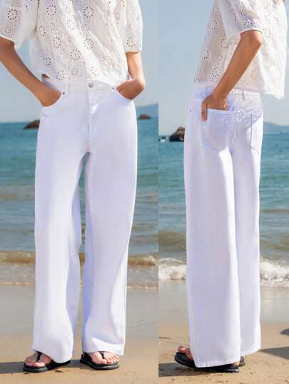 Lumivelle 女士休闲中腰直筒牛仔裤，带口袋，百搭